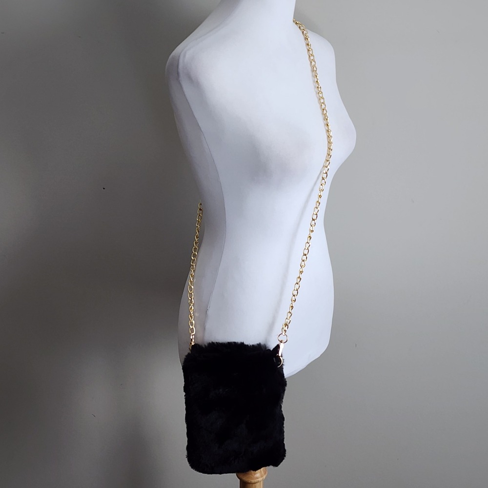 Faux Fur Crossbody Bag Black Gold Tone Chain Small Plush Evening Purse Indie Alt